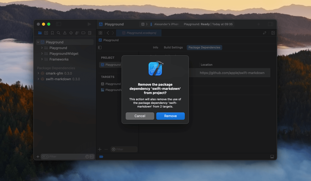 Xcode’s alert when removing a package dependency from the project, asking to confirm removal