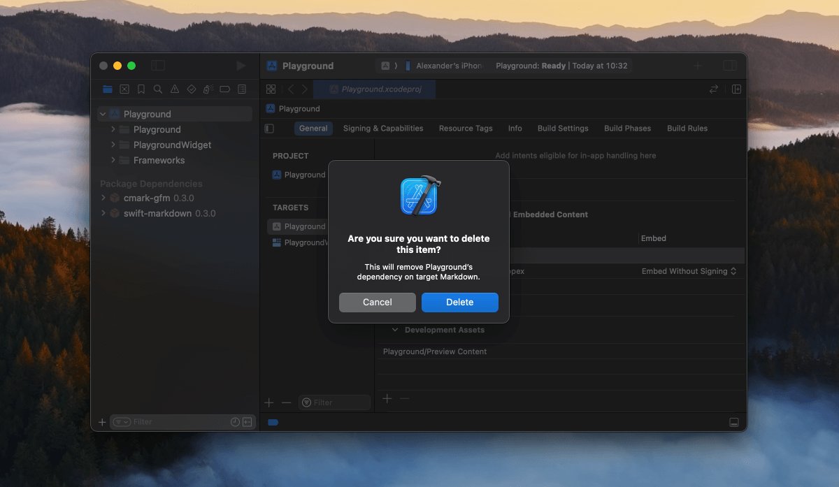 Xcode’s alert when removing a package dependency, asking to confirm removal